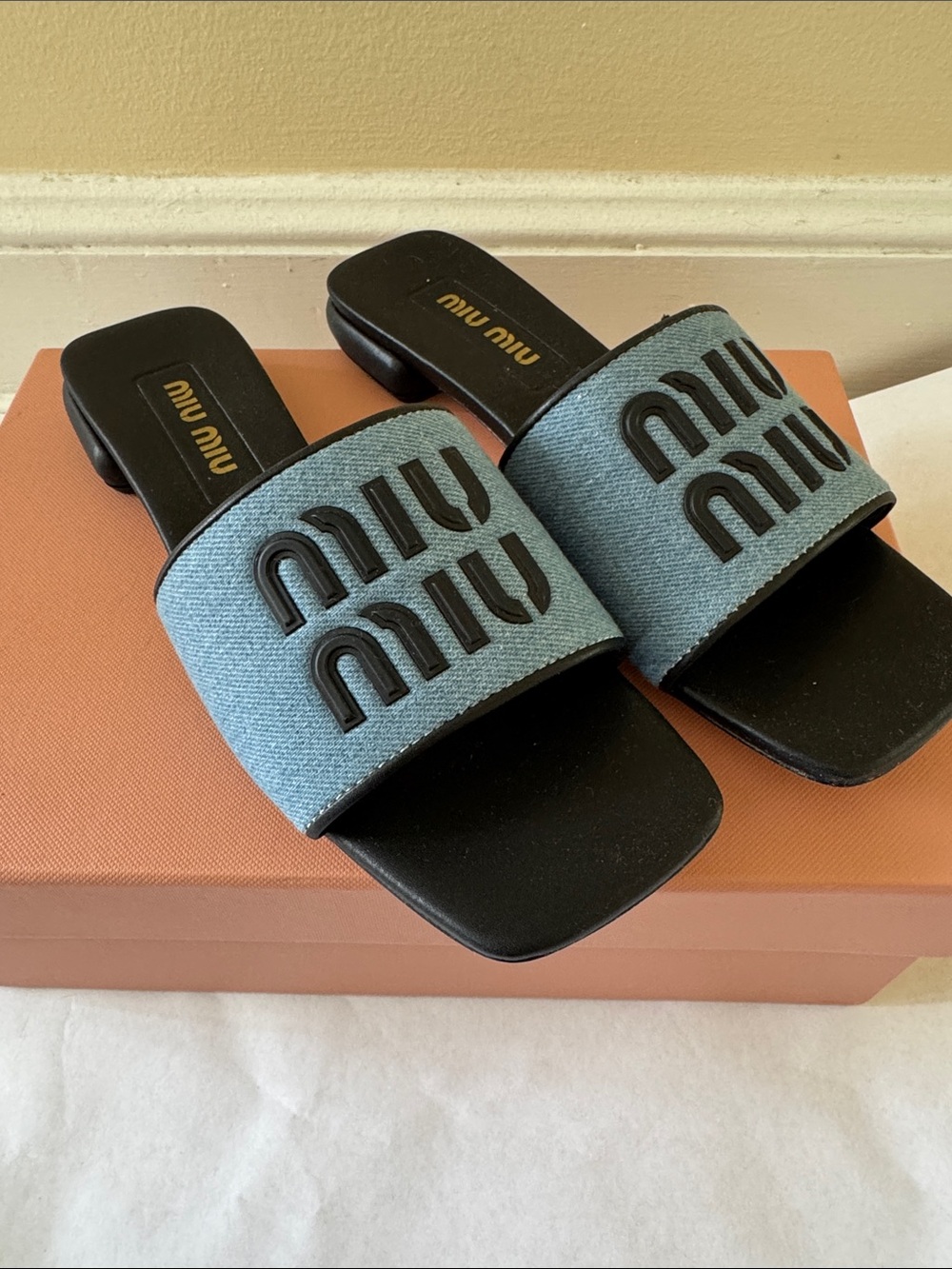 “Miu Miu” Matelasse Denim Blue Logo Slide Mules size 39